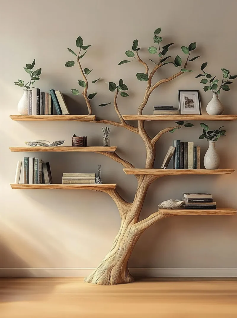 Natural Solid Wood Tree Corner Wall Bookshelf
