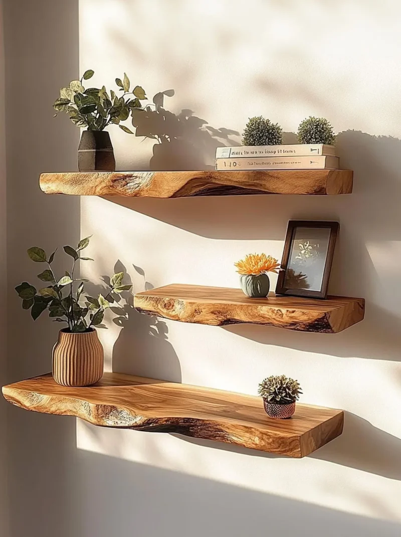 Live Edge Corner Floating Wooden Wall Shelf Set