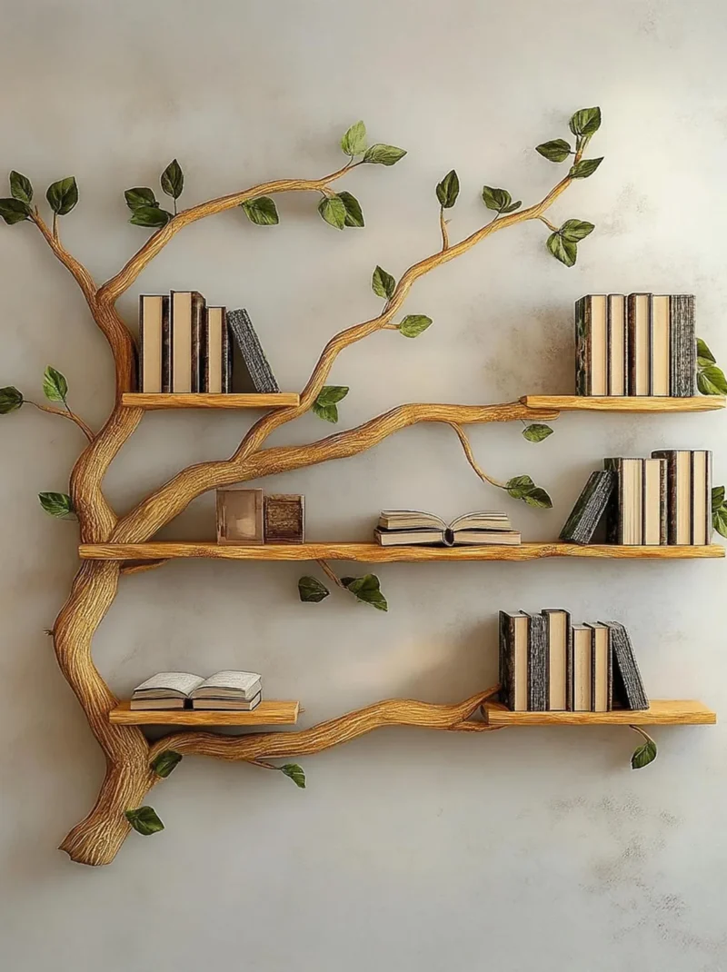 Driftwood Branch Wall Mounted Tree Book Shelf