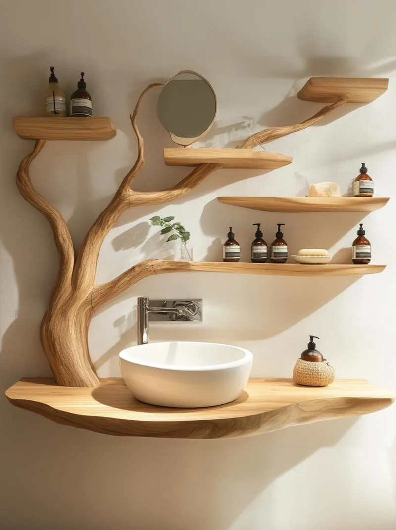 Rustic Farmhouse Wooden Bathroom Vanity With Sink Shelf