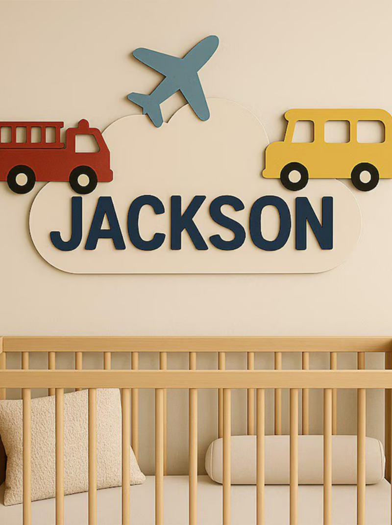 Car and Transport Nursery Name Sign Above Crib, Personalized Wooden Baby Name Plaque, 3D Nursery Wall Decor.