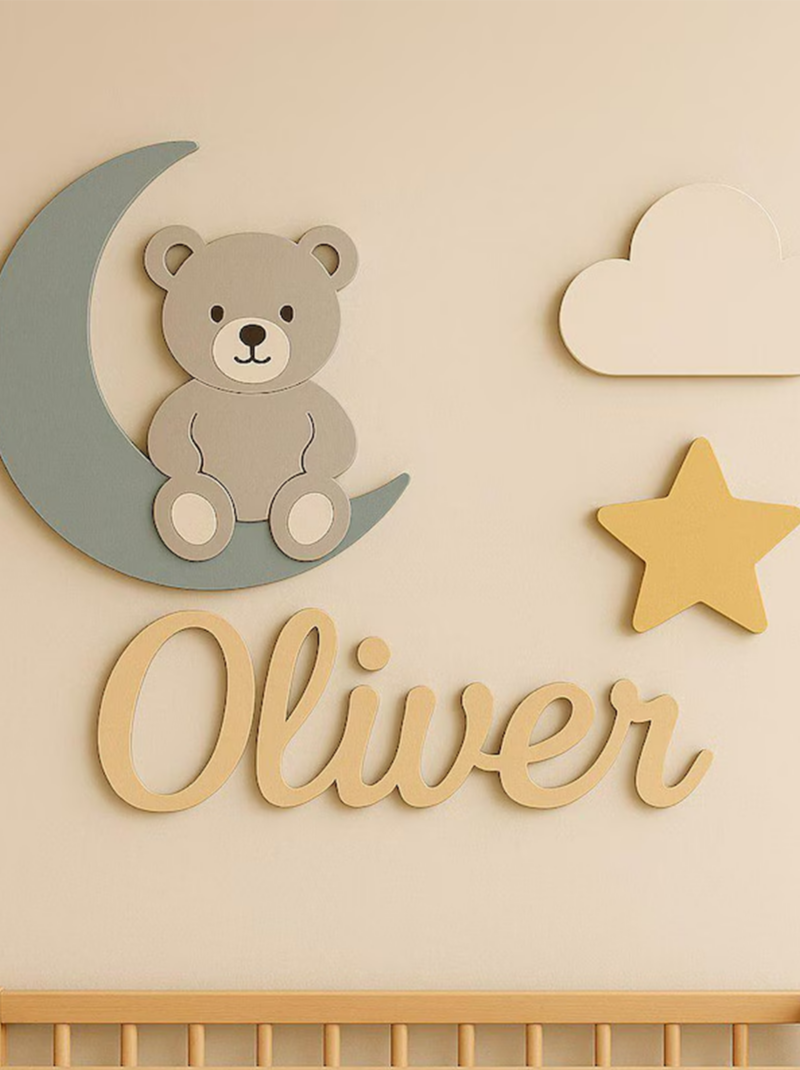 Teddy Bear & Moon Nursery Name Sign Above Crib, Personalized Wooden Baby Name Plaque, 3D Wall Decor.