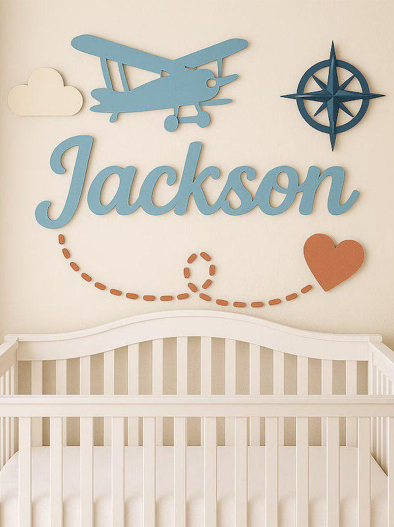 Airplane Nursery Name Sign, Personalized Wooden Baby Name Plaque, 3D Baby Boy Nursery Wall Decor.