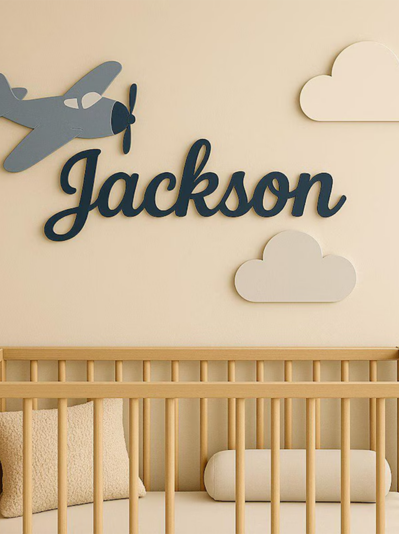 Airplane and Clouds Nursery Name Sign Above Crib, Personalized Wooden Baby Name Plaque, 3D Boy Nursery Decor.