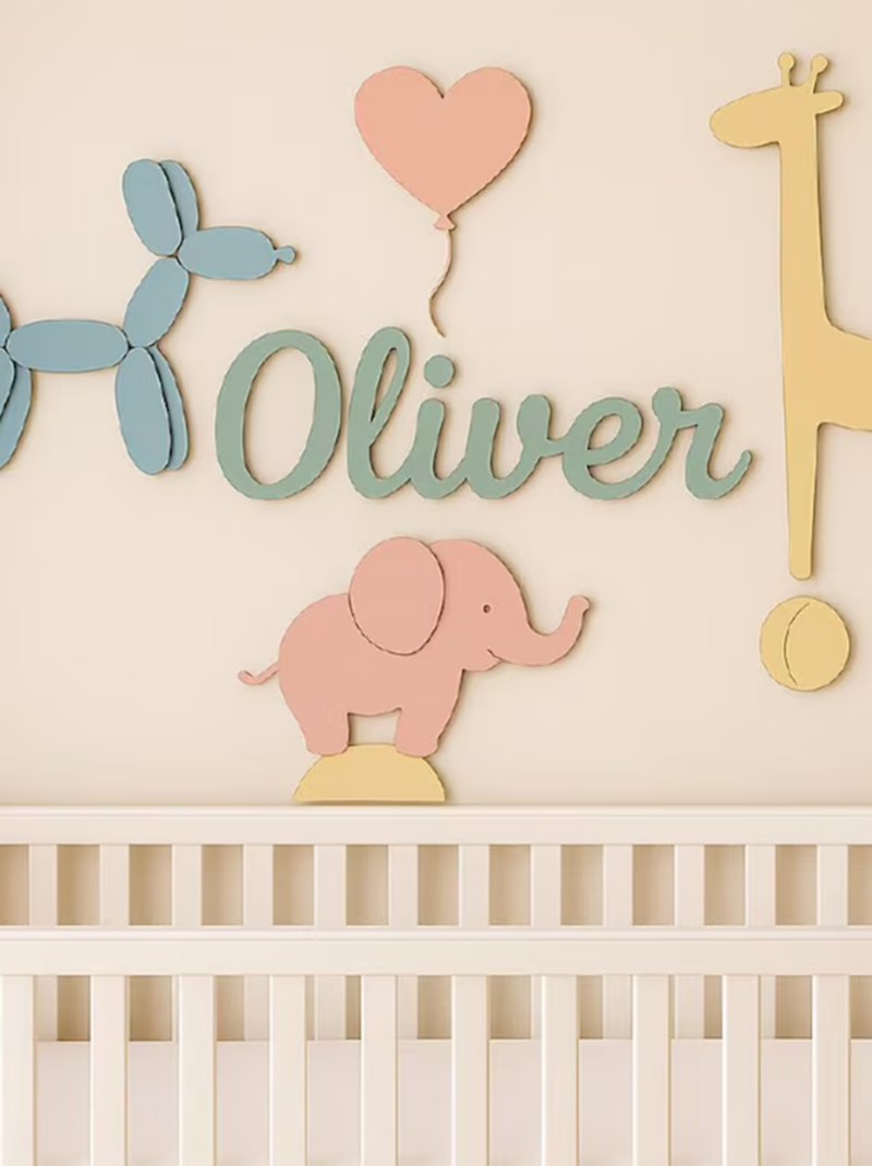 Personalized Balloon Animal Baby Name Sign, Custom 3D Wooden Nursery Wall Art, Cute Baby Room Decor Gift.