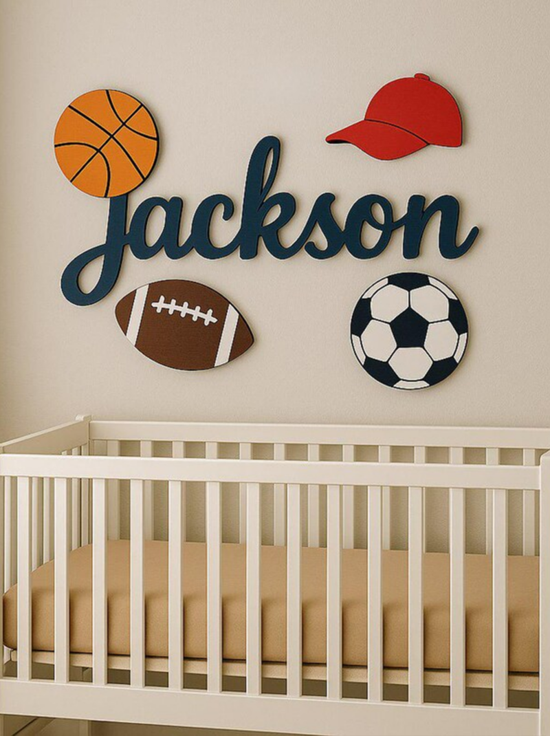 Basketball Nursery Name Sign, Personalized Baby Boy Name Wall Decor, 3D Wooden Nursery Wall Art for Kids Room