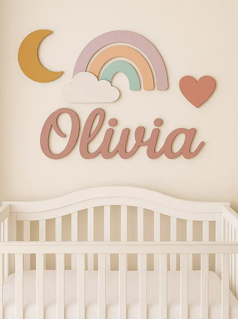 Personalized Boho Floral Rainbow Baby Name Sign, 3D Wooden Nursery Wall Art Above Crib, Neutral Boho Baby Girl Decor, Newborn Gift.
