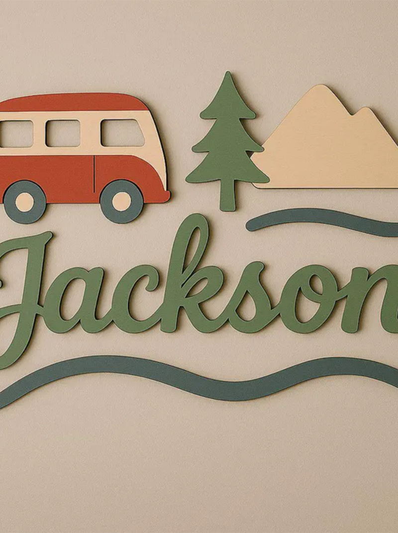 Camper Van Nursery Name Sign, Personalized Wooden Baby Name Plaque for Above Crib, 3D Nursery Wall Decor Gift