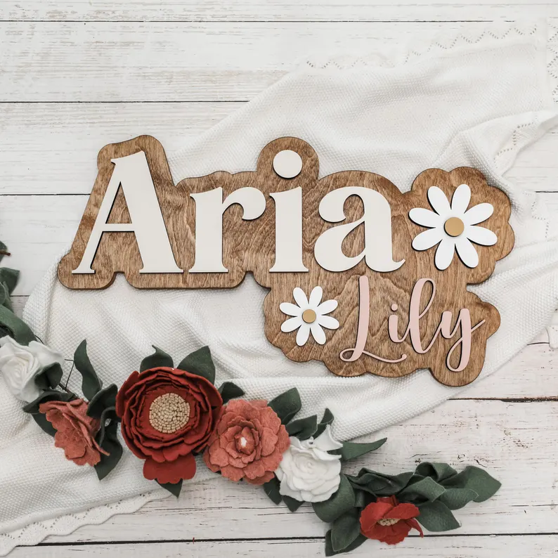 Daisy Baby Name Sign, Personalized Newborn Name Sign, Floral Daisy Nursery Decor, Wooden Name Sign, Girly Room Decor, 3D Name Outline Sign
