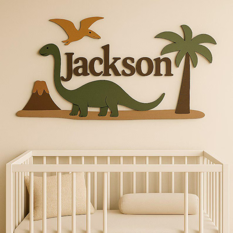 Personalized Dinosaur Baby Name Sign, Custom Wooden Nursery Wall Art Above Crib, 3D Boys Room Decor.