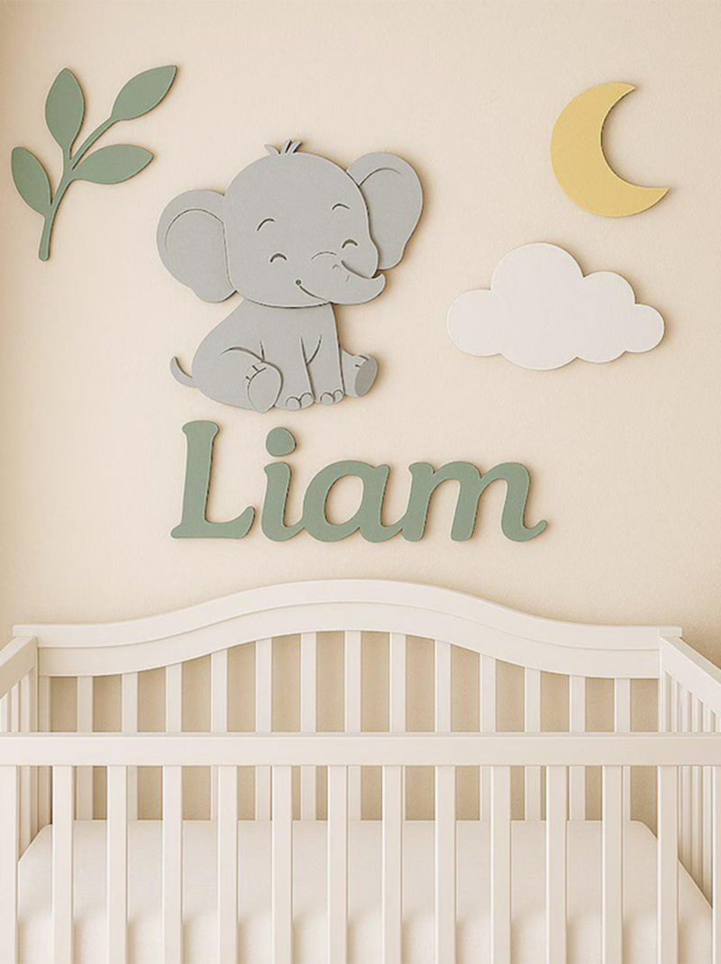 Elephant Nursery Name Sign, Personalized Wooden Baby Name Plaque, 3D Safari Nursery Wall Decor.