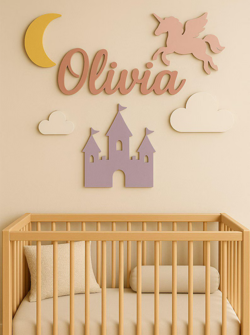 Fairytale Castle Nursery Name Sign Above Crib, Personalized Wooden Baby Name Plaque, Princess Nursery Wall Decor.