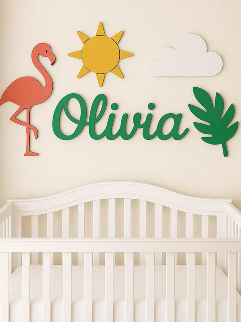 Wooden Flamingo Nursery Name Sign, Custom Baby Name Wall Decor, 3D Tropical Nursery Decor Baby Shower Gift.