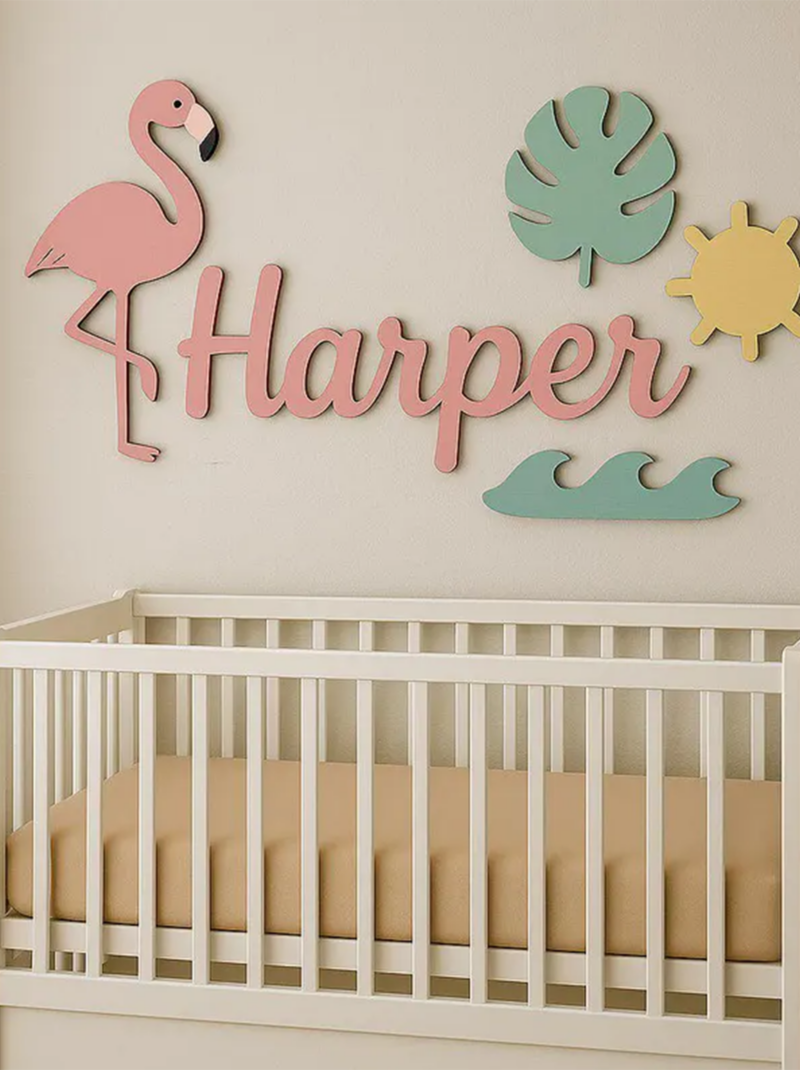 Flamingo Nursery Name Sign, Personalized Baby Name Plaque, Tropical Wooden Wall Art for Nursery and Baby Shower Gift.