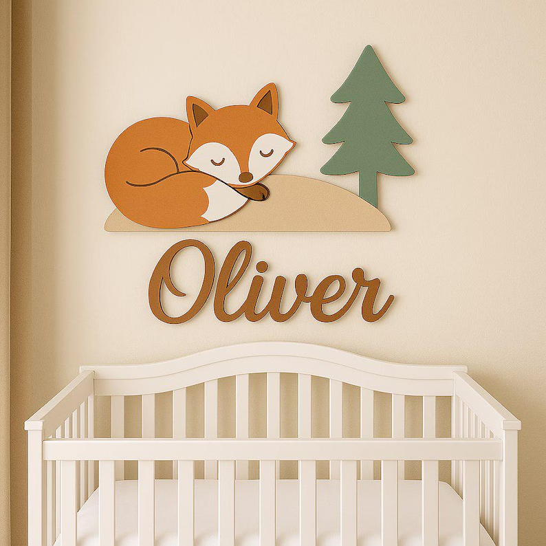 Wooden Fox Woodland Nursery Name Sign, Custom Baby Name Wall Decor, 3D Nursery Decor Baby Shower Gift.