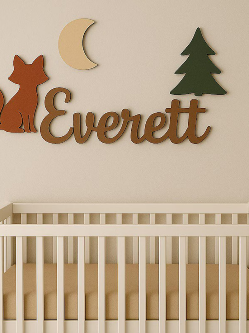 Fox Woodland Nursery Name Sign, Personalized Baby Name Plaque, 3D Wooden Wall Art for Nursery Decor.