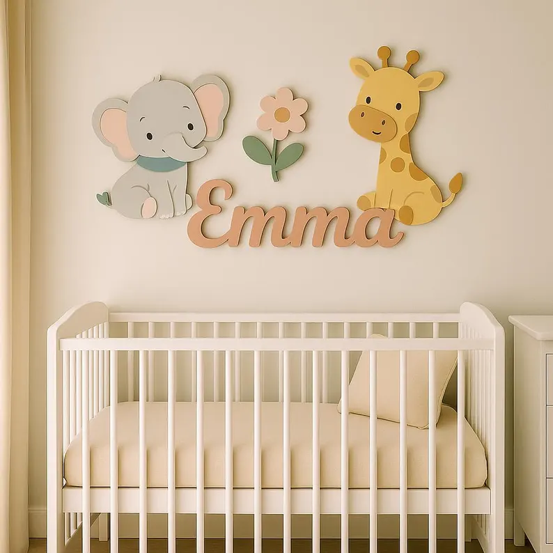 Giraffe Jungle Nursery Decor, Personalized Wooden Name Sign