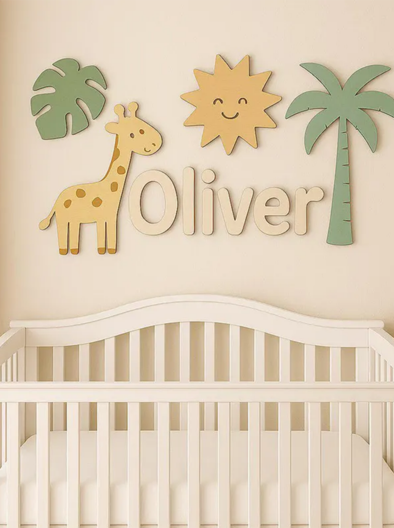 Personalized Giraffe Baby Name Sign, Custom 3D Wooden Nursery Wall Art, Safari Jungle Baby Room Decor.