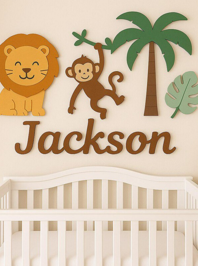 Personalized Jungle Nursery Name Sign, Custom 3D Wooden Baby Name Plaque Above Crib, Safari Animal Nursery Wall Decor, Baby Shower Gift.