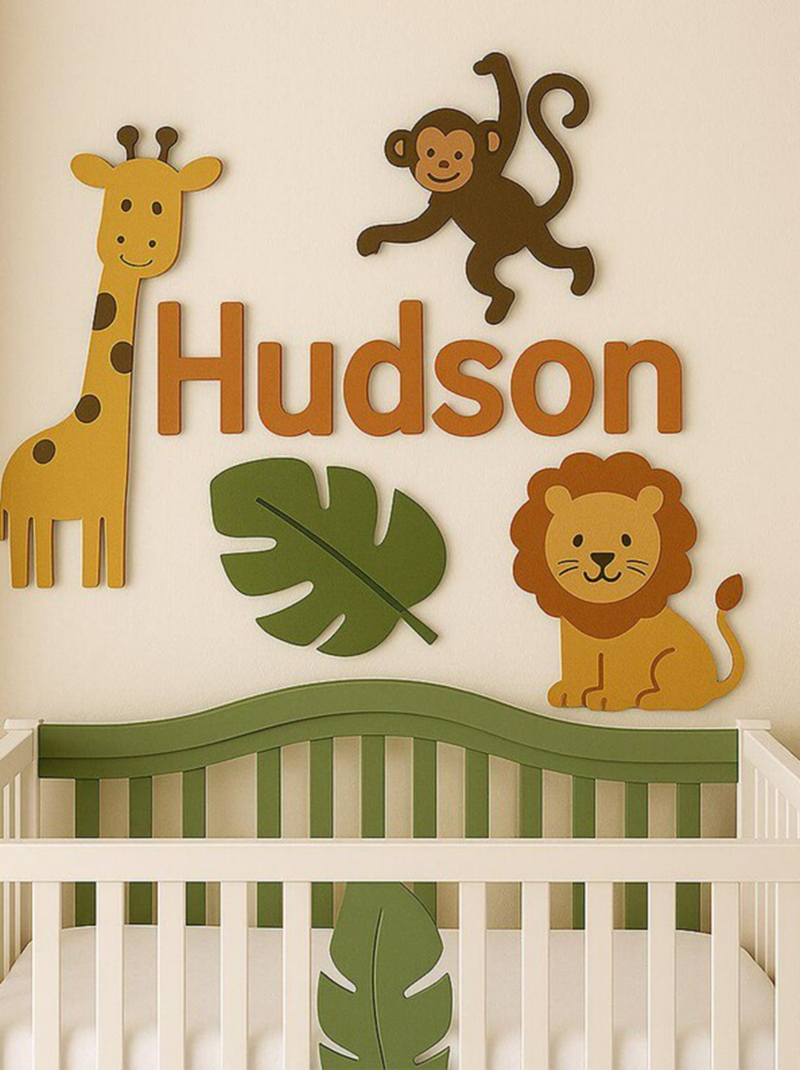 Jungle Nursery Name Sign Personalized, 3D Wooden Safari Baby Room Wall Art, Custom Baby Name Sign Above Crib, Newborn Gift Idea.