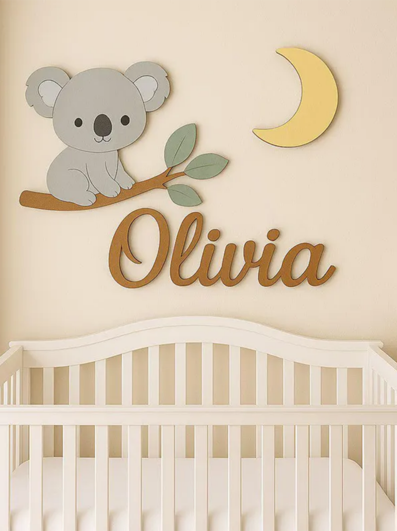 Koala Nursery Name Sign, Personalized Wooden Baby Name Plaque, 3D Nursery Wall Decor.