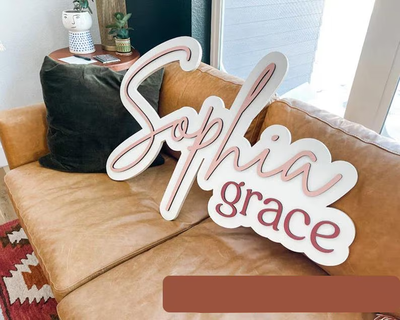 Personalized Nursery Name Sign Large – Layered Wooden Baby Name Cut Out Sign, Above the Crib Decor for Kids Room.