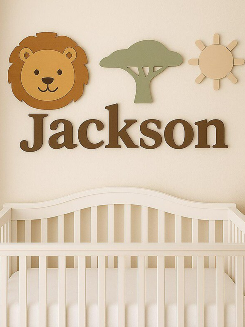 Personalized Lion Baby Name Sign, Custom 3D Wooden Nursery Wall Art, Safari Jungle Baby Room Decor Gift.