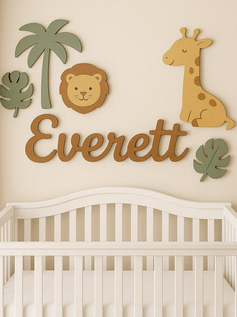 Wooden Lion Nursery Name Sign, Custom Baby Name Wall Decor, 3D Safari Jungle Nursery Decor Baby Shower Gift.