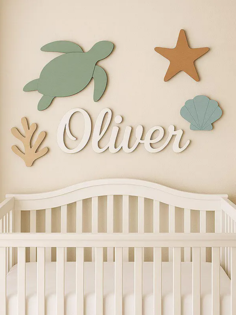 Mermaid Nursery Name Sign Personalized, 3D Wooden Baby Room Wall Art, Ocean Sea Theme Decor Above Crib, Newborn Gift Idea.