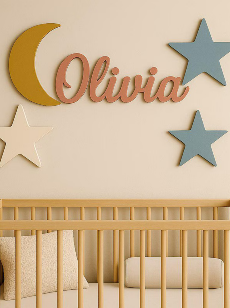Personalized Moon and Stars Baby Name Sign, Custom Wooden Nursery Wall Art Above Crib, Baby Shower Gift.