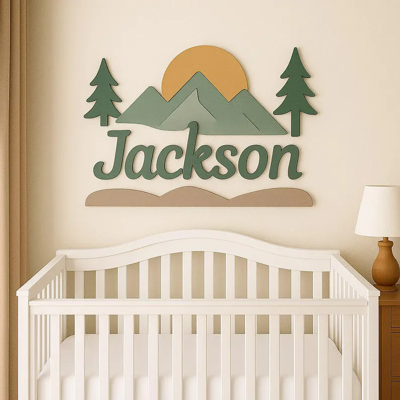 Wooden Mountain Nursery Name Sign, Custom Baby Name Wall Decor, 3D Nursery Decor Baby Shower Gift.