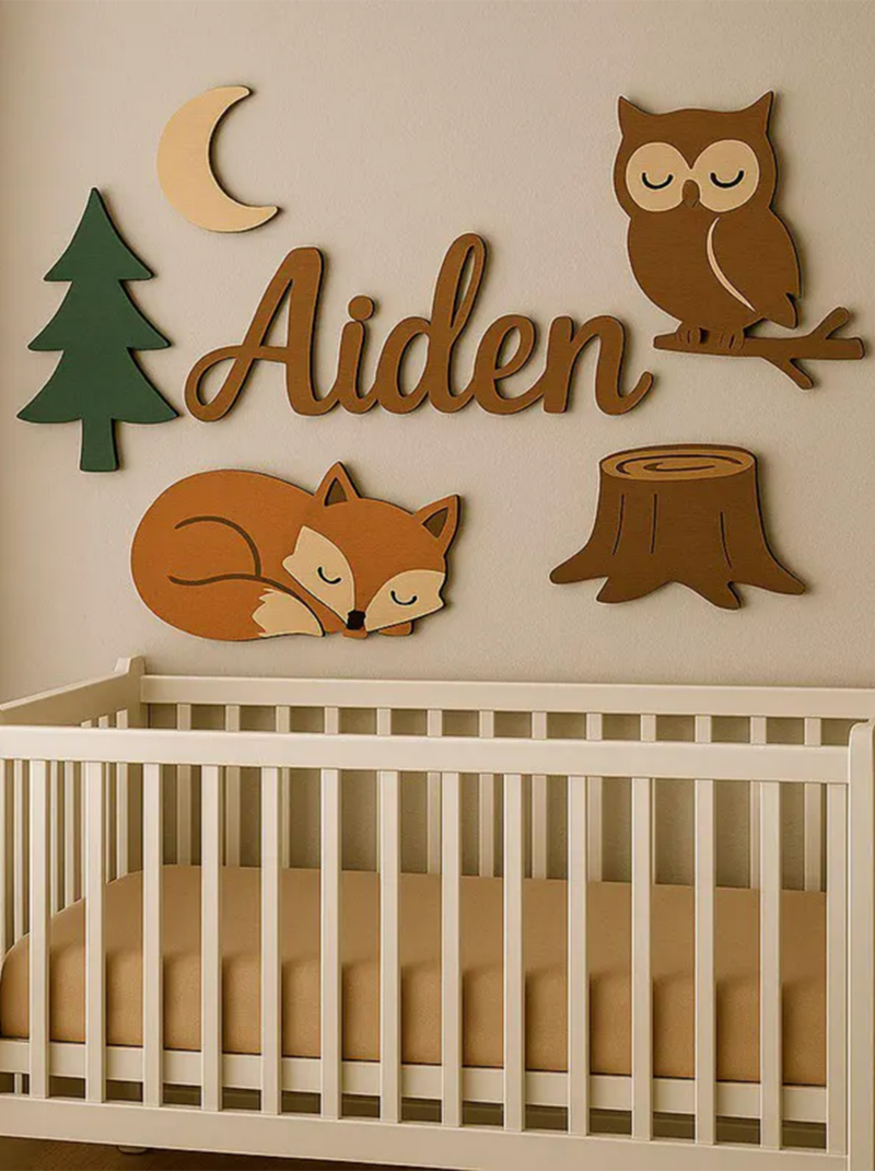 Woodland Owl and Fox Nursery Name Sign, Custom Baby Name Wall Art, Wooden Nursery Decor Baby Shower Gift.
