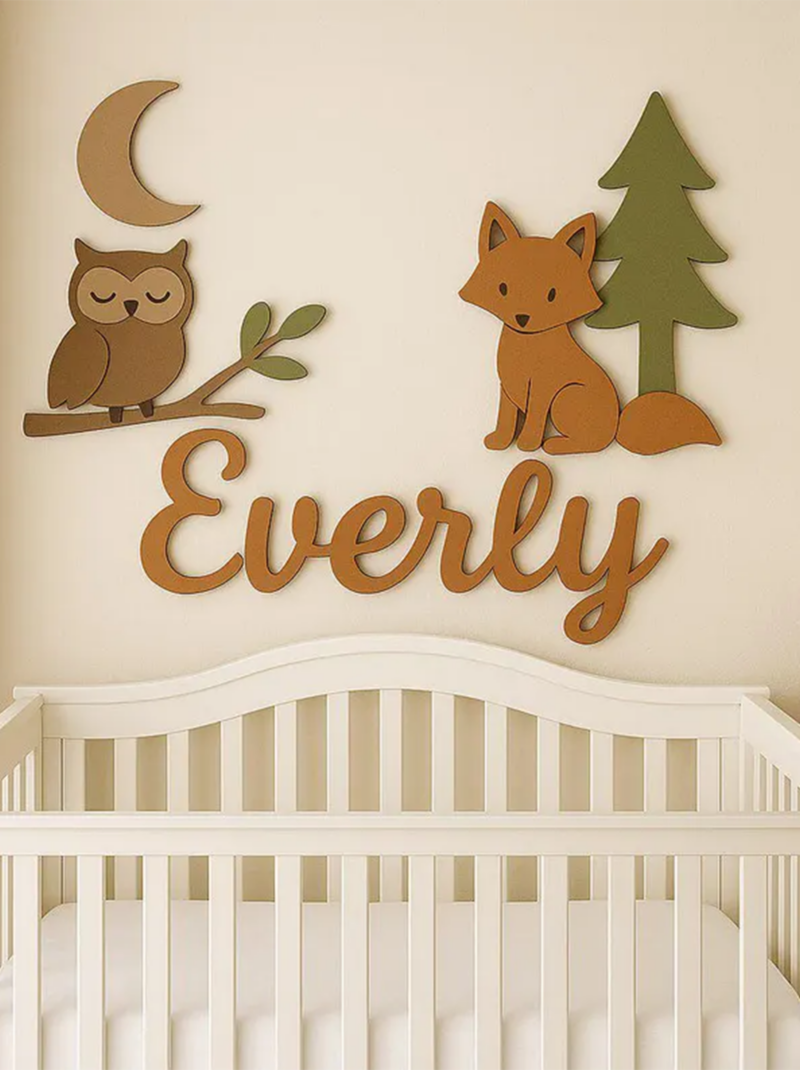 Personalized Owl and Fox Nursery Name Sign, Custom 3D Wooden Baby Name Plaque Above Crib, Woodland Forest Wall Decor, Baby Shower Gift.