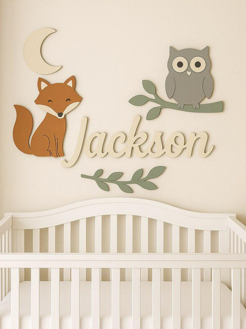 Owl and Fox Nursery Sign Personalized, 3D Wooden Woodland Baby Room Wall Art, Cute Forest Animal Decor Above Crib, Newborn Gift.