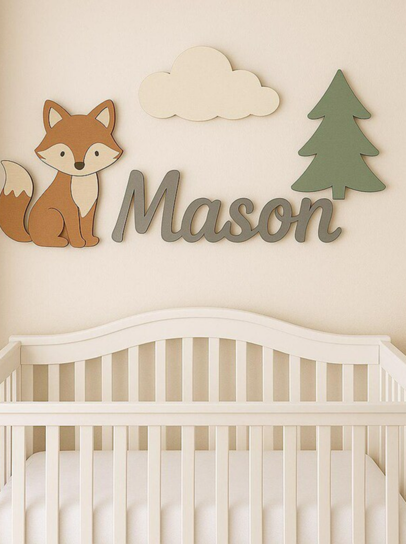 Custom Owl and Fox Baby Name Sign, Personalized 3D Wooden Nursery Wall Plaque, Neutral Woodland Nursery Decor, Baby Shower Gift Idea.