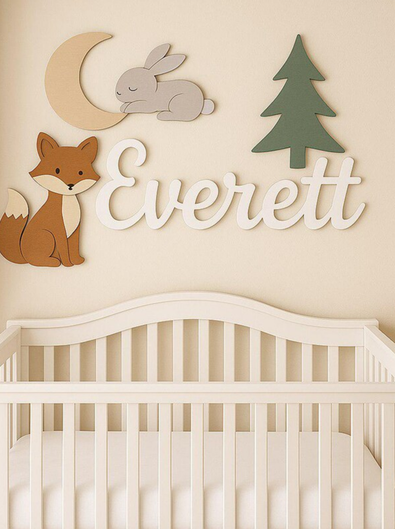 Personalized Woodland Nursery Decor, Custom Owl & Fox 3D Wooden Wall Art, Forest Animal Nursery Name Plaque Above Crib.