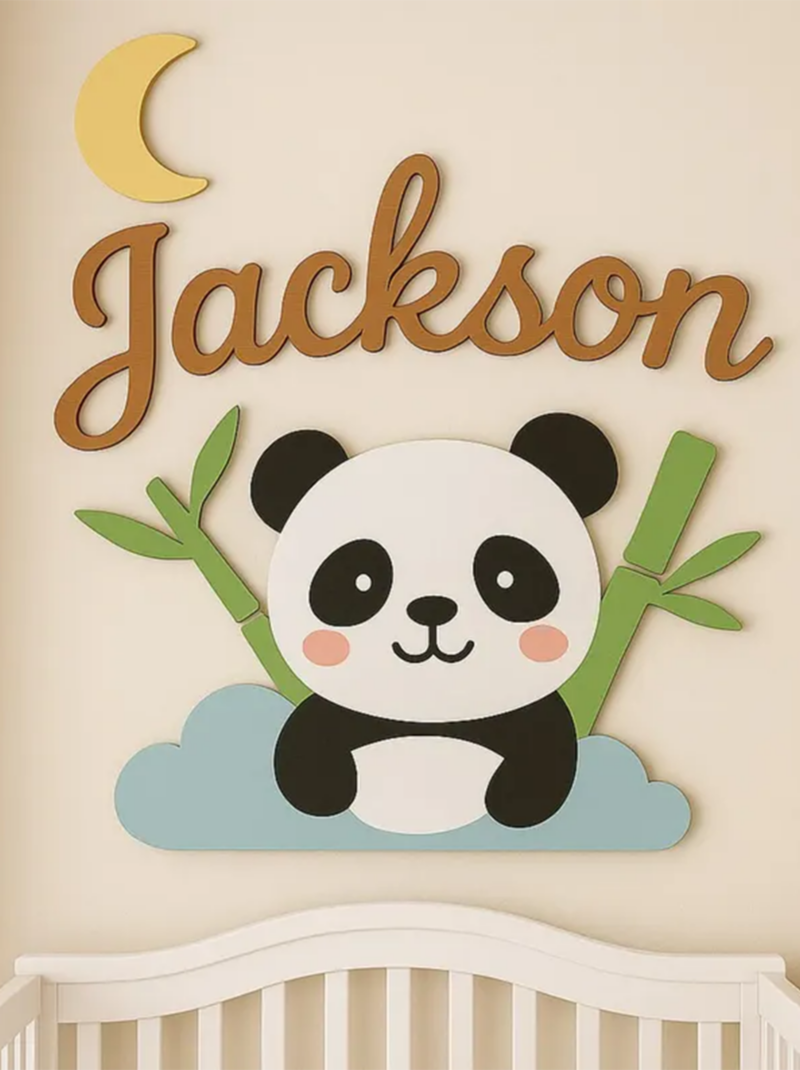 Personalized Panda Baby Name Sign, Custom 3D Wooden Nursery Wall Art, Cute Baby Room Decor Gift.