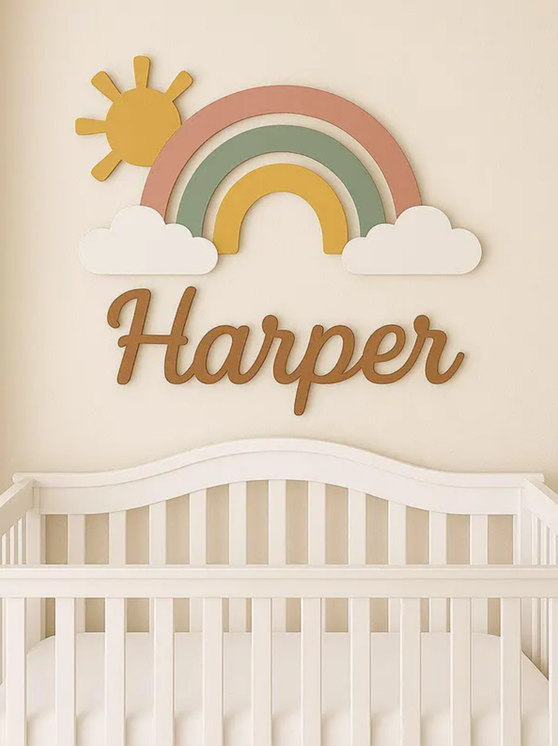 Custom Pastel Rainbow Baby Name Sign, Personalized 3D Wooden Nursery Wall Plaque, Boho Baby Room Decor, Perfect Baby Shower Gift.