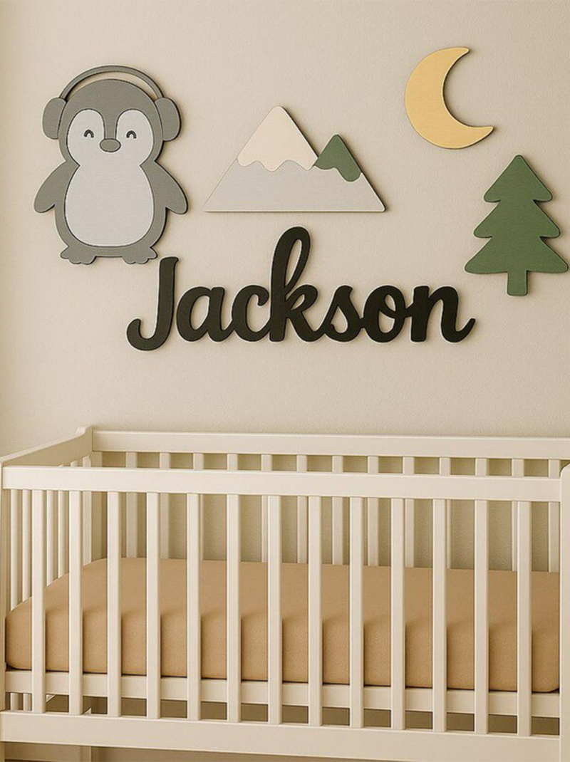Penguin Nursery Name Sign, Personalized Baby Name Plaque, Custom Wooden Wall Art for Winter Nursery Decor.