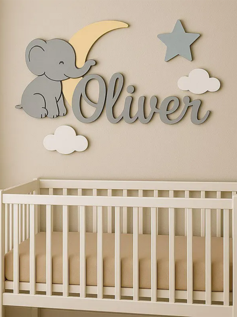 Elephant Wooden Nursery Name Sign, Custom Baby Name Wall Art, 3D Nursery Decor Baby Shower Gift.