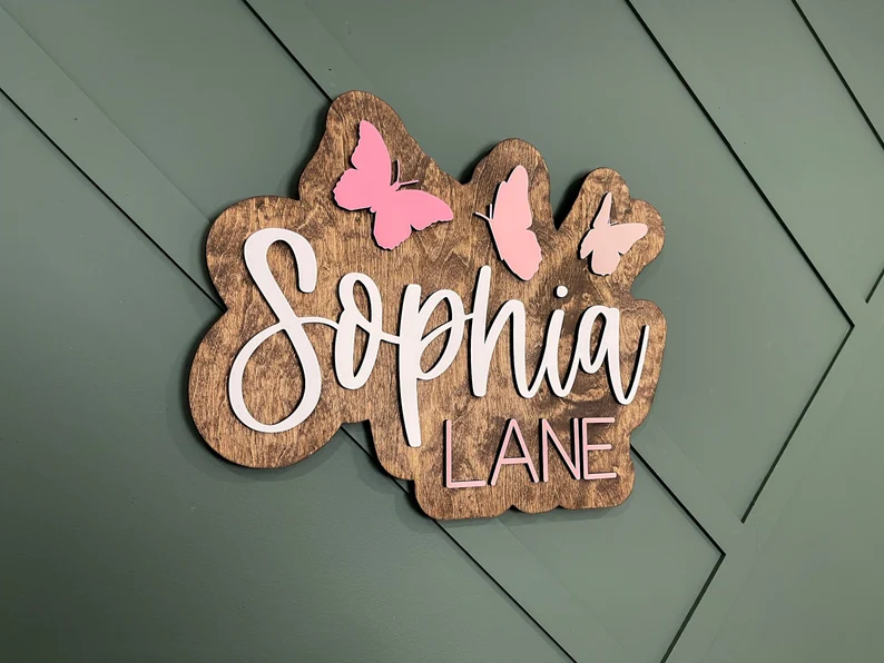 Personalized Butterfly Name Sign, Custom 3D Wooden Baby Name Wall Decor, Baby Girl Nursery Above Crib