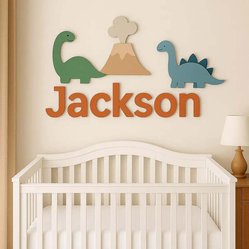 Personalized Dinosaur Nursery Name Sign, Custom 3D Wooden Baby Name Plaque Above Crib, Dinosaur Baby Boy Room Decor, Baby Shower Gift.