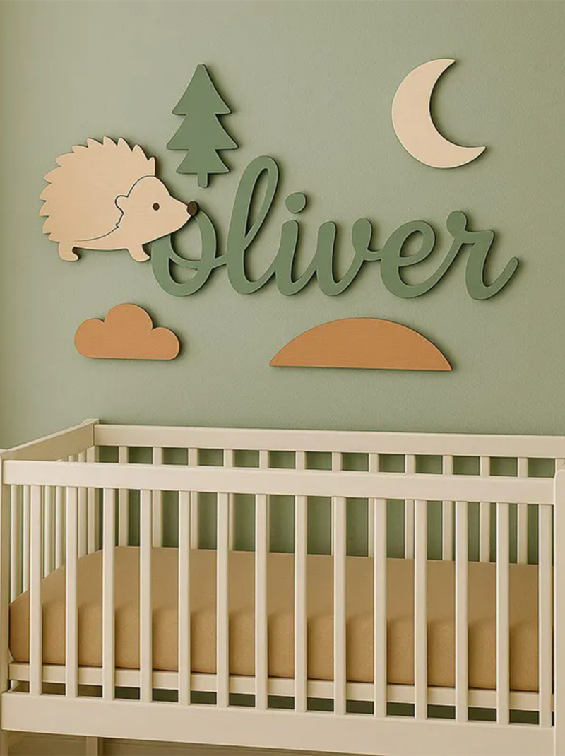 Personalized Hedgehog Wooden Name Sign, Custom Baby Name Plaque, Woodland Nursery Wall Decor for Baby Room.