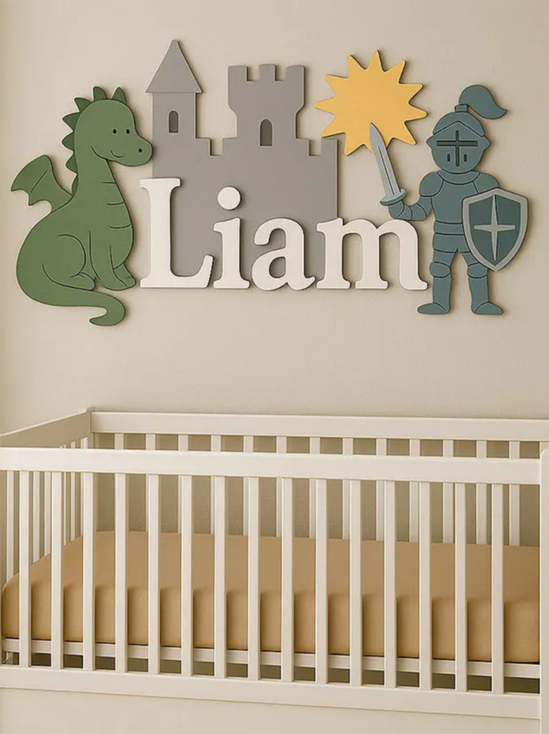 Wooden Knight and Dragon Nursery Name Sign, Custom Baby Name Wall Art, 3D Fantasy Nursery Decor Baby Shower Gift.
