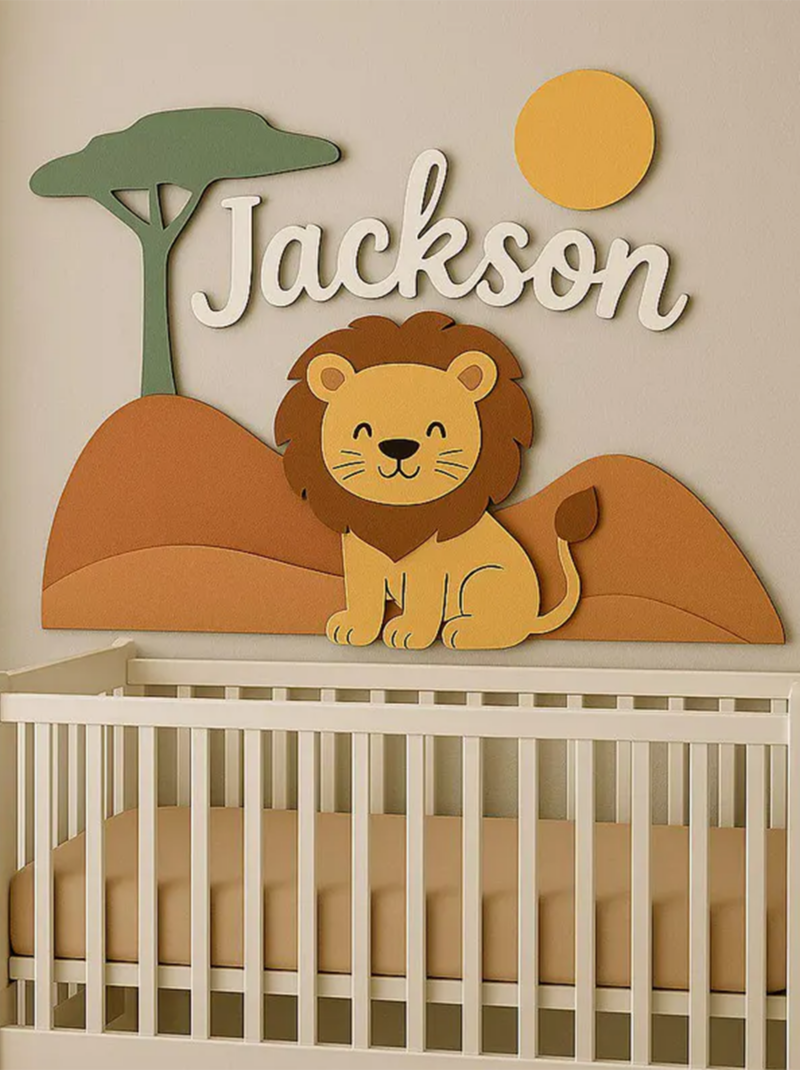 Wooden Lion Baby Name Sign, Custom Nursery Name Plaque, Safari Nursery Wall Art Baby Shower Gift.