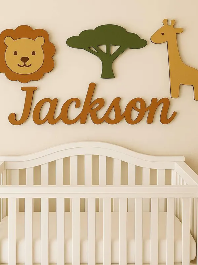 Wooden Lion Nursery Name Sign, Custom Baby Name Wall Decor, 3D Jungle Nursery Decor Baby Shower Gift.