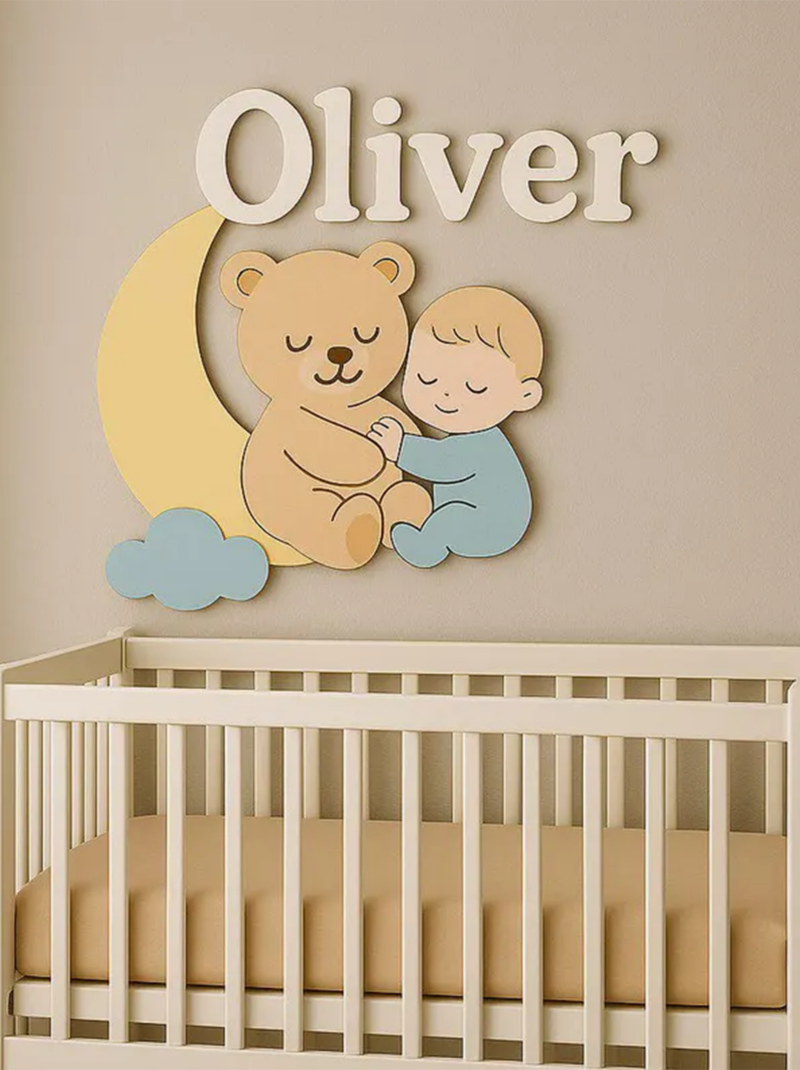 Teddy Bear and Moon Baby Name Sign, Personalized Wooden Nursery Wall Art, Cute Baby Room Decor Gift.