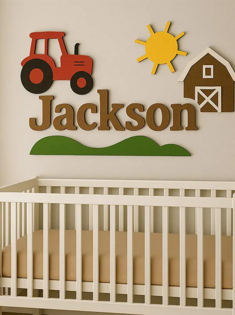 Custom Tractor Baby Name Sign, Personalized Wooden Nursery Wall Plaque, Farmhouse Country Nursery Decor, Unique Baby Shower Gift for Boys.