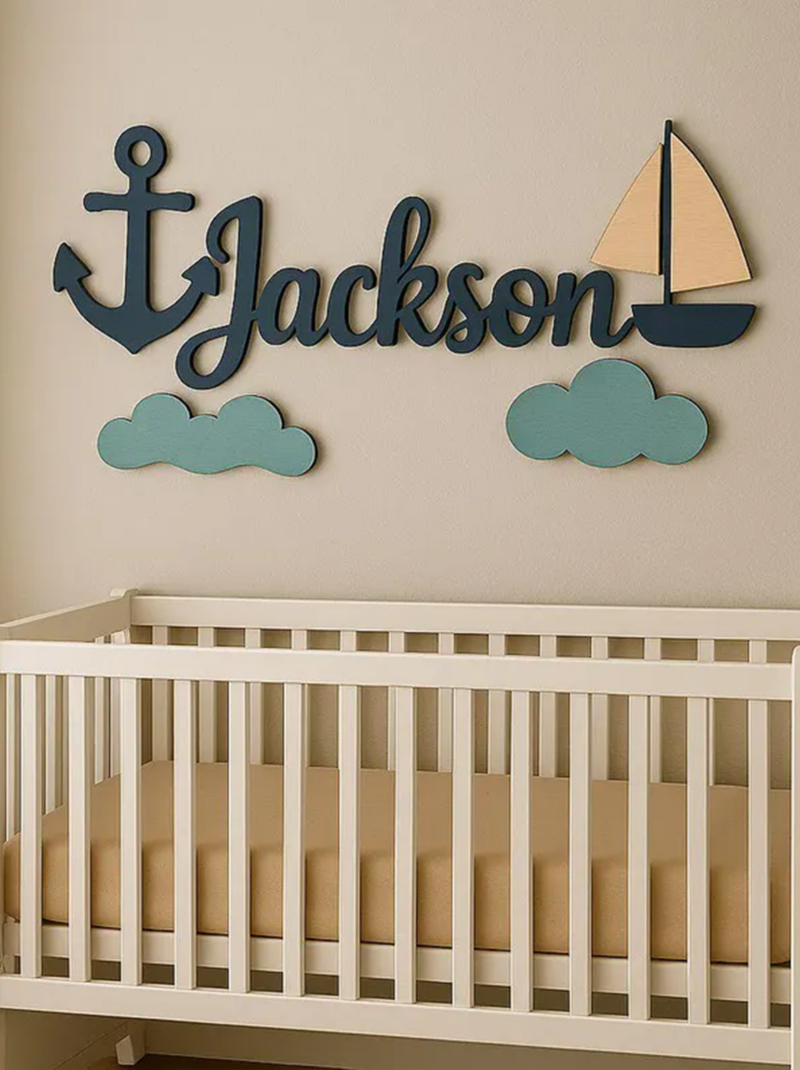 Pirate Ship Nursery Name Sign, Personalized Baby Name Wall Decor for Kids Room, Custom Wooden Nursery Wall Art