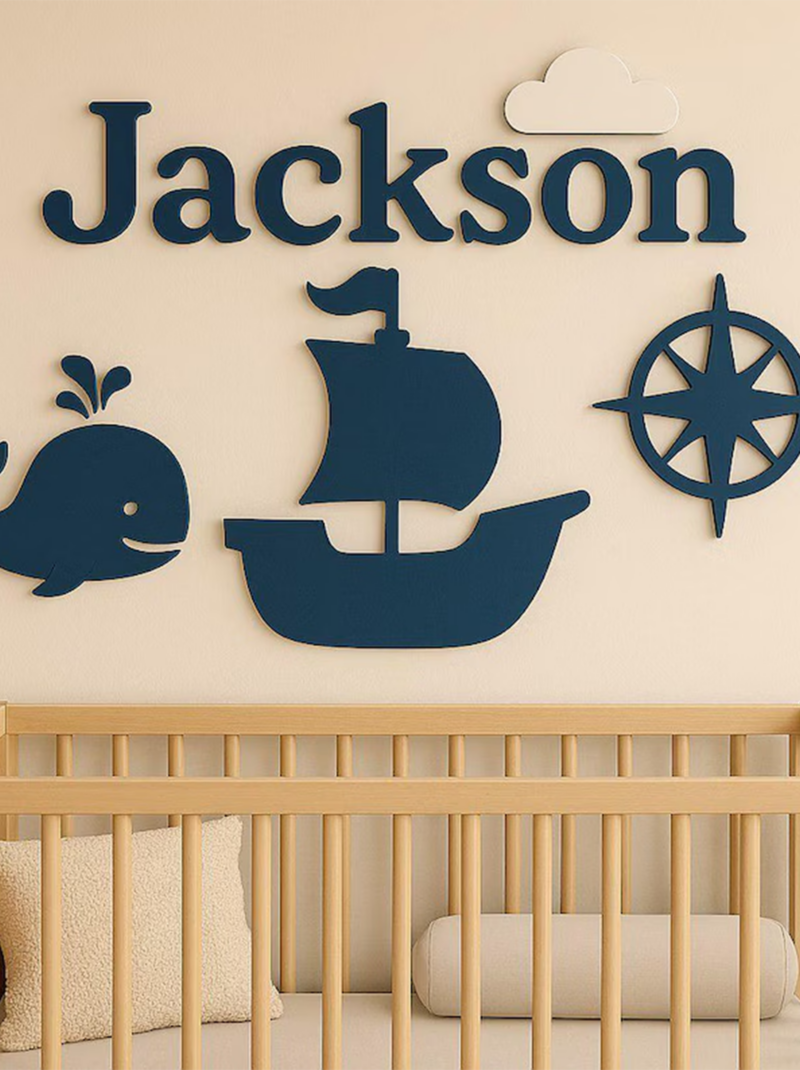 Pirate Ship Nursery Name Sign Above Crib, Personalized Wooden Baby Boy Name Plaque, Custom 3D Nursery Wall Decor.